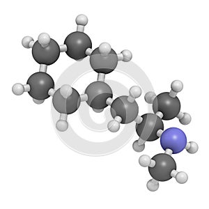Propylhexedrine molecule. Used as nasal decongestant and stimulant. 3D rendering. Atoms are represented as spheres with