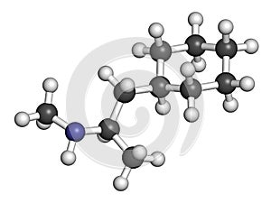 Propylhexedrine molecule. Used as nasal decongestant and stimulant. 3D rendering. Atoms are represented as spheres with