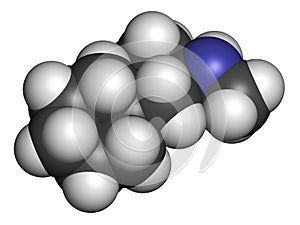 Propylhexedrine molecule. Used as nasal decongestant and stimulant. 3D rendering. Atoms are represented as spheres with