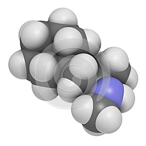 Propylhexedrine molecule. Used as nasal decongestant and stimulant. 3D rendering. Atoms are represented as spheres with photo