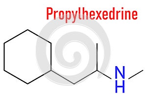 Propylhexedrine molecule. Used as nasal decongestant and stimulant. Skeletal formula.