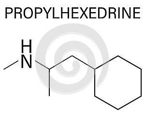 Propylhexedrine molecule. Used as nasal decongestant and stimulant. Skeletal formula.