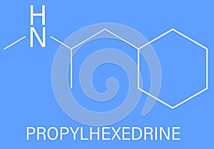 Propylhexedrine molecule. Used as nasal decongestant and stimulant. Skeletal formula.