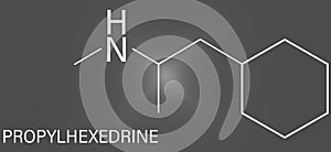 Propylhexedrine molecule. Used as nasal decongestant and stimulant. Skeletal formula.