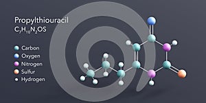 propylthiouracil molecule 3d rendering, flat molecular structure with chemical formula and atoms color coding