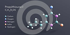 propylthiouracil molecule 3d rendering, flat molecular structure with chemical formula and atoms color coding photo