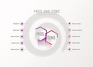 Pros and Cons comparison vector template light vector template with pink and purple hexagons