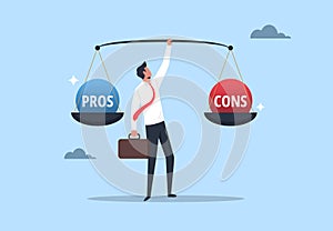 Pros and cons concept, businessman holding scales with pros and cons on it, advantages and disadvantages comparison, good and bad