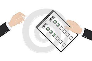 Pros and cons concept of decision making process. Listing positive and negative for a business solution