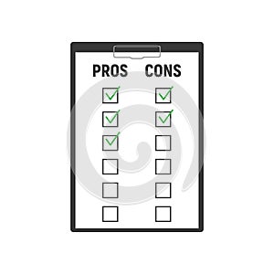 Pros and cons concept of decision making process. Listing positive and negative for a business solution