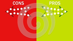 Pros and cons: red left and green right vintage retro arrows illuminated with light bulbs. Concept image advantages disadvantages