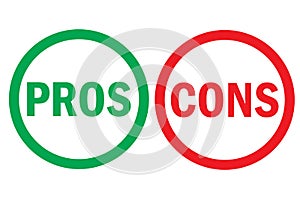 Pros and cons right wrong analysis red left green right word text on circle buttons in empty white background. Vector