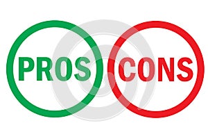 Pros and cons right wrong analysis red left green right word text on circle buttons in empty white background. Vector photo