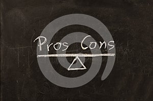 Pros contra cons concept. Empty list on blackboard background, for decision making