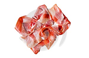 prosciutto crudo, italian salami, parma ham. Antipasto plate. Isolated on white background. Top view.