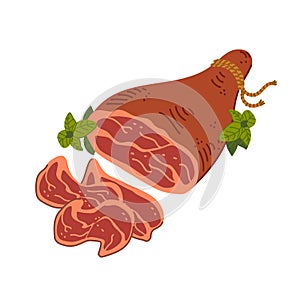 Prosciutto crudo. Meat delicatessen on white background. Slices of Italian dry-cured parma ham. Simple flat style vector photo