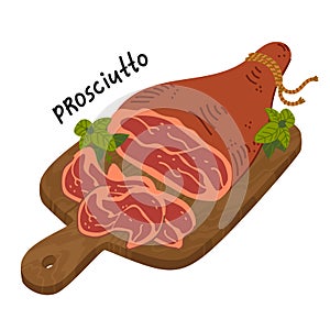 Prosciutto crudo. Meat delicatessen on a wooden cutting board.