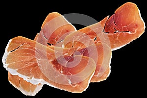Prosciutto Cured Pork Ham Slices Isolated On Black Background