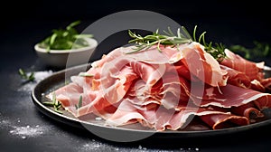 Prosciutto ham. Sliced Prosciutto with Rosemary on a dark background. Close-up of sliced of Parma ham on black plate with herbs.