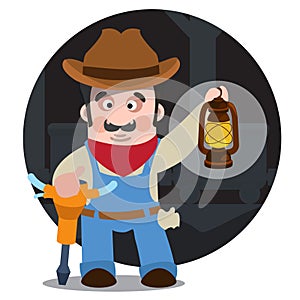 Prospector, cowboy, wild west illustration. Cartoon character of a man with a jackhammer and a lamp