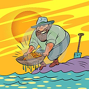 A prospector is washing gold in the river. Luck wealth