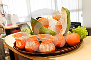 Prosperity pomelo, oranges, salad received from Lion after dance