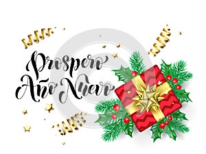 Prospero Ano Nuevo Happy New Year Spanish calligraphy hand drawn text for greeting card background template. Vector Christmas tree