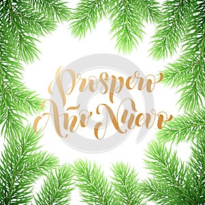 Prospero Ano Nuevo Spanish Happy New Year golden calligraphy hand drawn text on wreath ornament for greeting card background templ