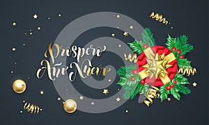 Prospero Ano Nuevo Spanish New Year golden decoration and gold font calligraphy greeting card design. Vector Christmas tree wreath