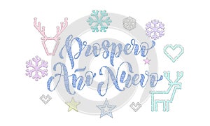 Prospero Ano Nuevo Spanish New Year knitted calligraphy font decoration for holiday greeting card design. Vector Christmas deer, s