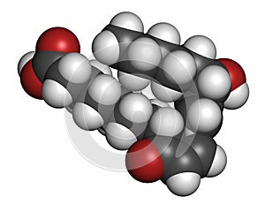Prostaglandin A1 molecule. 3D rendering. Atoms are represented as spheres with conventional color coding: hydrogen (white), carbon
