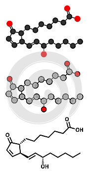 Prostaglandin A1 molecule. Stylized 2D renderings and conventional skeletal formula.