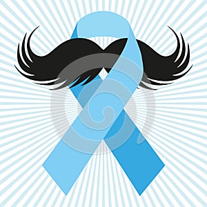 Prostate cancer awareness blue ribbon and mustache.