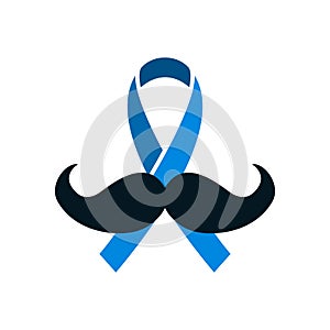 Prostate cancer blue ribbon with mustache in flat style. November awareness month symbol, vector illustration. Concept