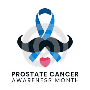 Prostate cancer blue ribbon with mustache in flat style. November awareness month symbol, vector illustration. Concept