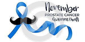 Prostate cancer blue ribbon with mustache vector realistic illustration. November awareness month hand drawn lettering