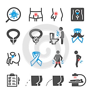 Prostatitis, symptoms bold black silhouette and line icons set isolated on white.