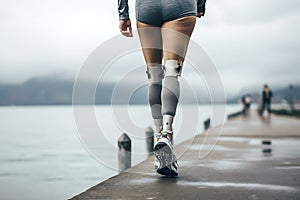 Prostheses on the legs of a young disabled woman. A woman walks along the pier along the sea in cloudy weather. Legs