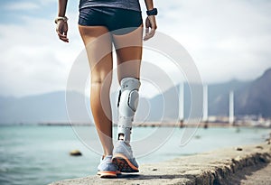 Prosthesis on the leg of a young disabled woman. A woman walks along the pier along the sea in cloudy weather. Legs