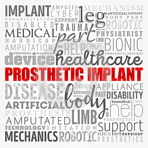 Prosthetic implant word cloud collage, medical concept background