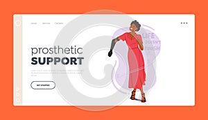 Prosthetic Support Landing Page Template. Disabled Dancer Female Character. Woman Dances Gracefully With Prosthetic Hand