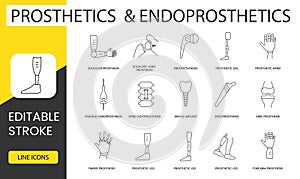 Prosthetics and endoprosthetics line icons set in vector, shoulder and leg and hand joint prosthesis, femoral and spine