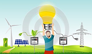 Prosumer. Renewable energy. Self-produced energy sharing. Ecological house. Photovoltaics. Man holding a light bulb in hand. Inves