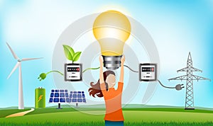 Prosumer. Renewable energy. Self-produced energy sharing. Ecological house. Photovoltaics. Woman holding a light bulb in hand. Inv
