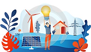 Prosumer. Self-produced energy sharing. Renewable energy. Ecological house. Photovoltaics. Man holding a light bulb in hand