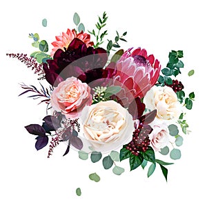 Protea flower, garden rose, burgundy red peony, peachy coral dahlia