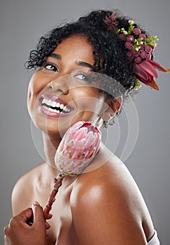 Protea flowers, happy woman and natural beauty, glowing skincare and organic eco makeup, aesthetic wellness or floral