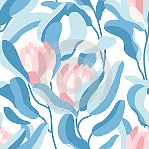 Protea flowers, leaves collage motif background in modern style