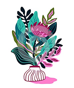 Protea with tropical leaf on the withe  background. Floral print design for t-shirt. Exotic flower in hand drawn style.