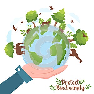 Protect biodiversity hand holding green planet